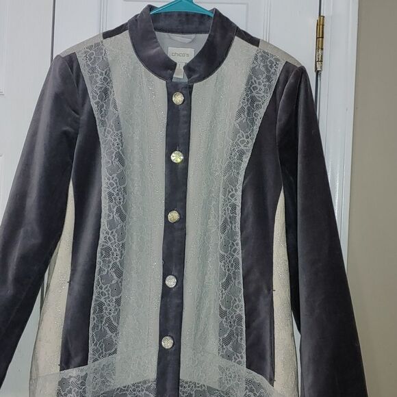 Chico’s Silver Treasure Artisan velvet lace Duster Jacket Sz 1 Medium - Picture 3 of 9